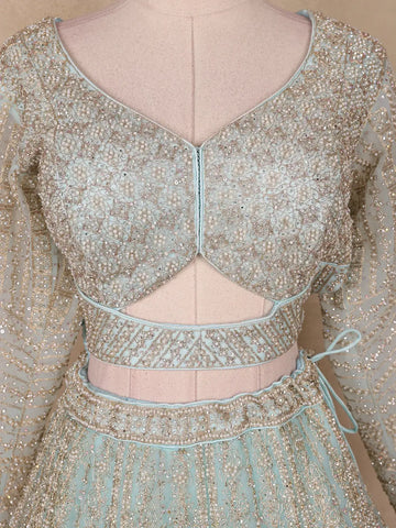 Light Green Floral And Sequins Embroidered Net Bridal Lehenga Set - Diadem