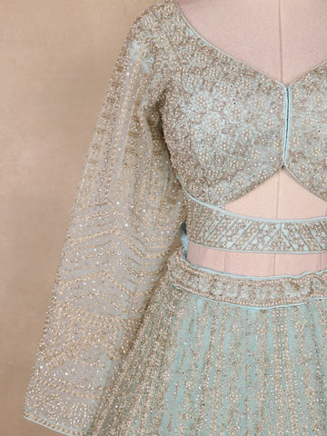 Light Green Floral And Sequins Embroidered Net Bridal Lehenga Set - Diadem