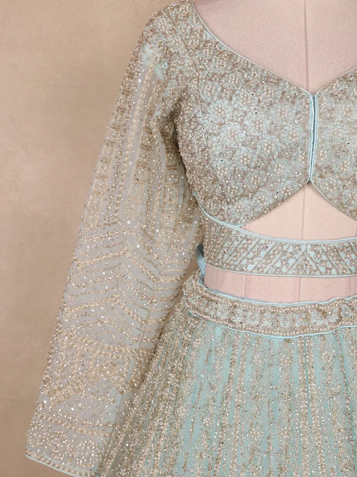 Light Green Floral And Sequins Embroidered Net Bridal Lehenga Set - Diadem