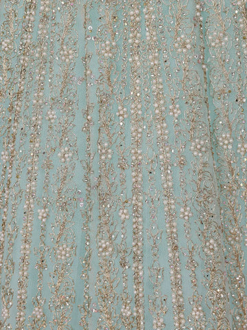 Light Green Floral And Sequins Embroidered Net Bridal Lehenga Set - Diadem