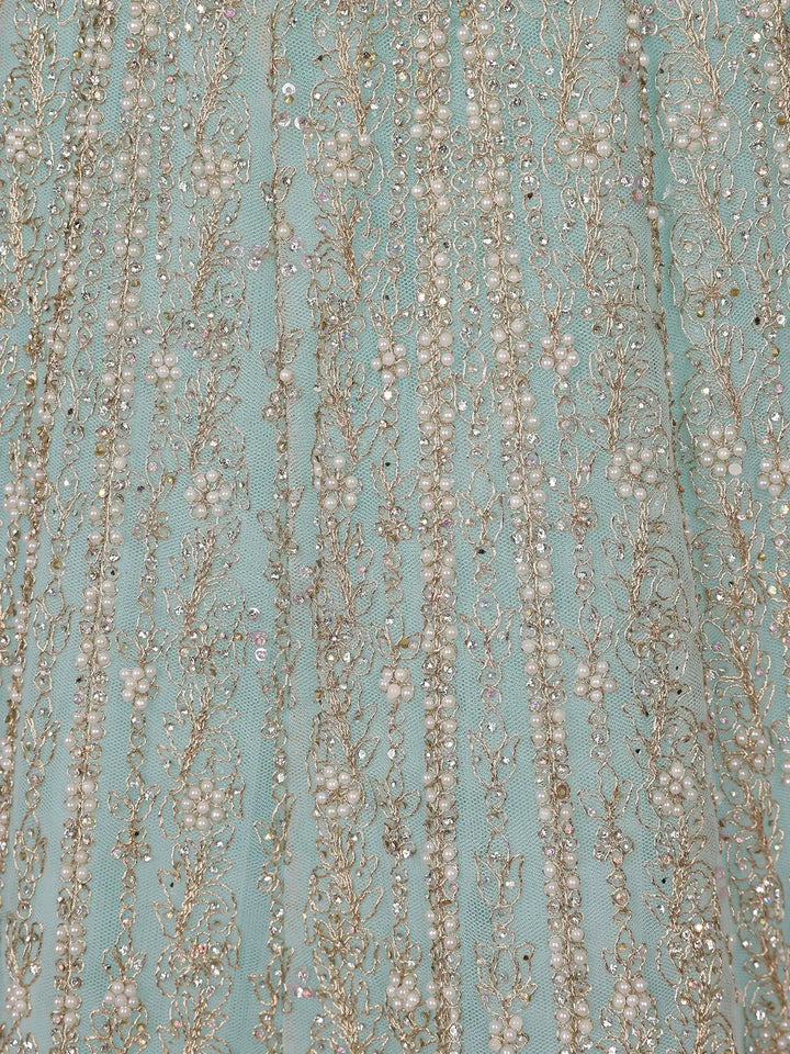 Light Green Floral And Sequins Embroidered Net Bridal Lehenga Set - Diadem
