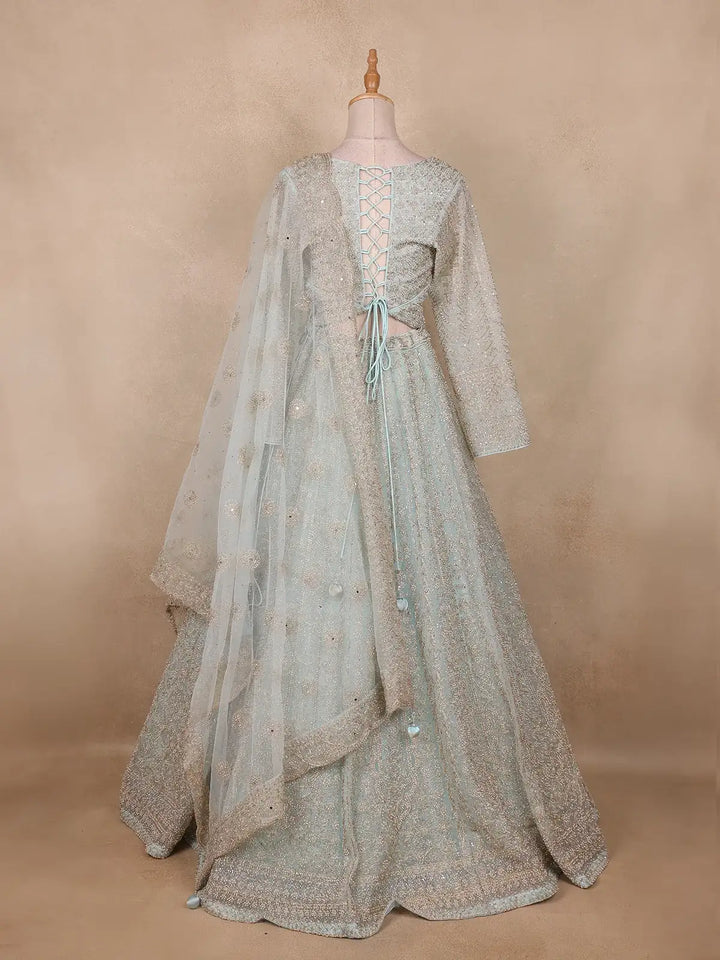 Light Green Floral And Sequins Embroidered Net Bridal Lehenga Set - Diadem