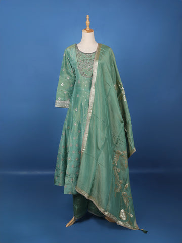 Light Green Floral Design Silk Palazzo Suit - Diadem