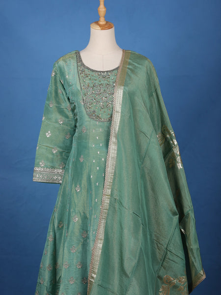 Light Green Floral Design Silk Palazzo Suit - Diadem