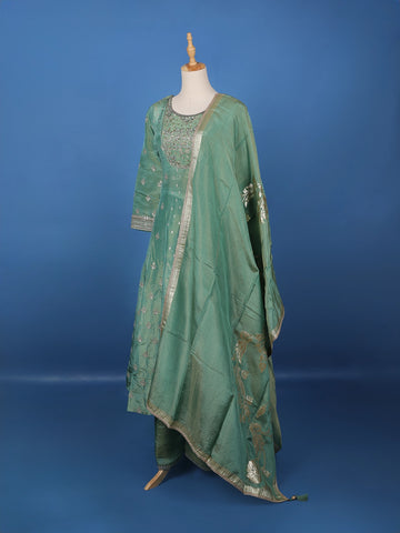 Light Green Floral Design Silk Palazzo Suit - Diadem