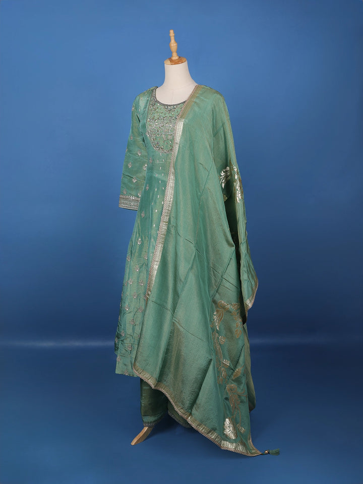 Light Green Floral Design Silk Palazzo Suit - Diadem