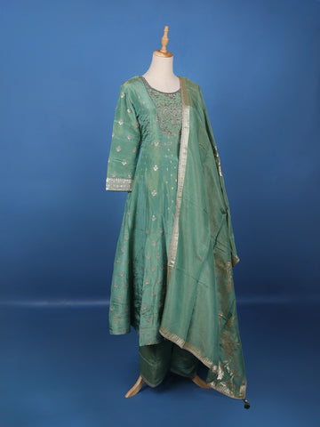 Light Green Floral Design Silk Palazzo Suit - Diadem