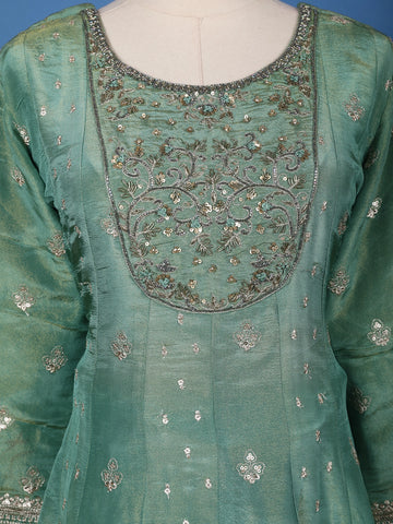 Light Green Floral Design Silk Palazzo Suit - Diadem