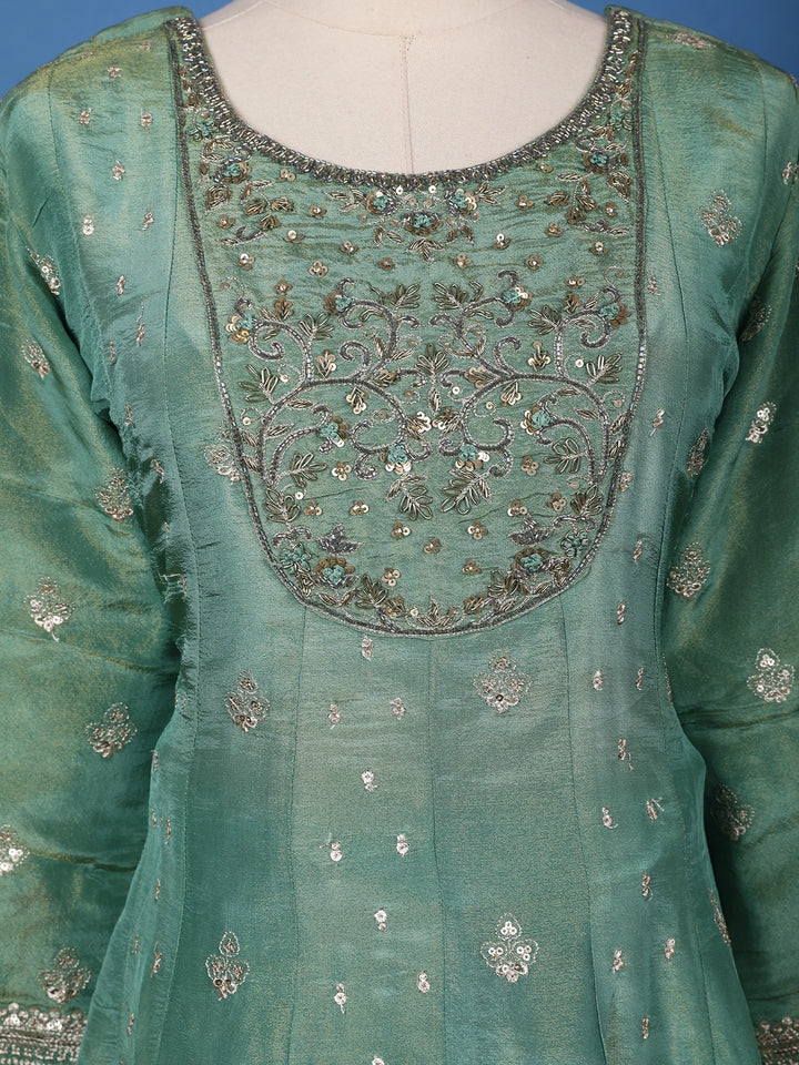 Light Green Floral Design Silk Palazzo Suit - Diadem