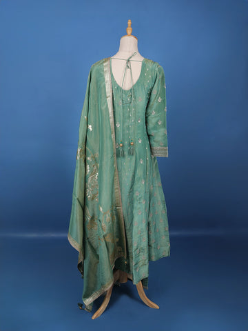 Light Green Floral Design Silk Palazzo Suit - Diadem