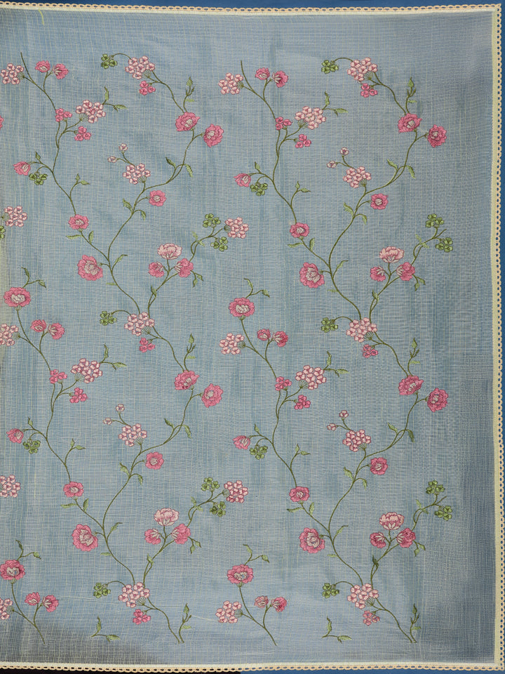 Light Green Floral Embroidered Kota Cotton Saree - Diadem