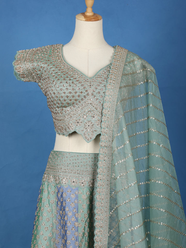 Light Green Floral Embroidered Silk Lehenga for Brides - Diadem