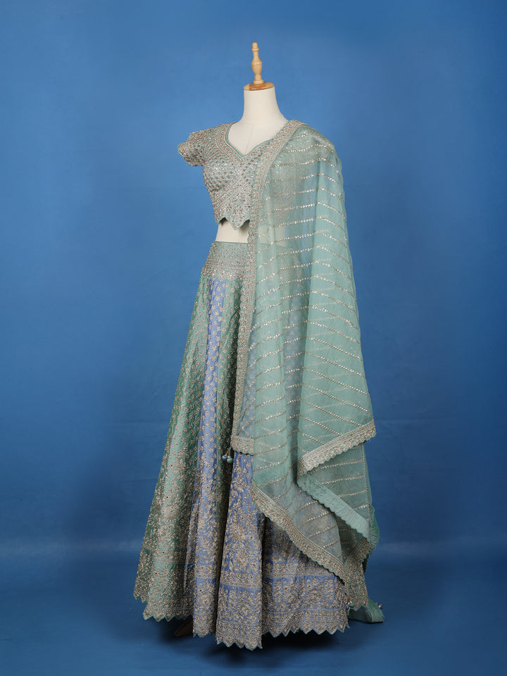 Light Green Floral Embroidered Silk Lehenga for Brides - Diadem