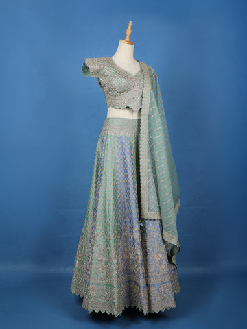 Light Green Floral Embroidered Silk Lehenga for Brides - Diadem