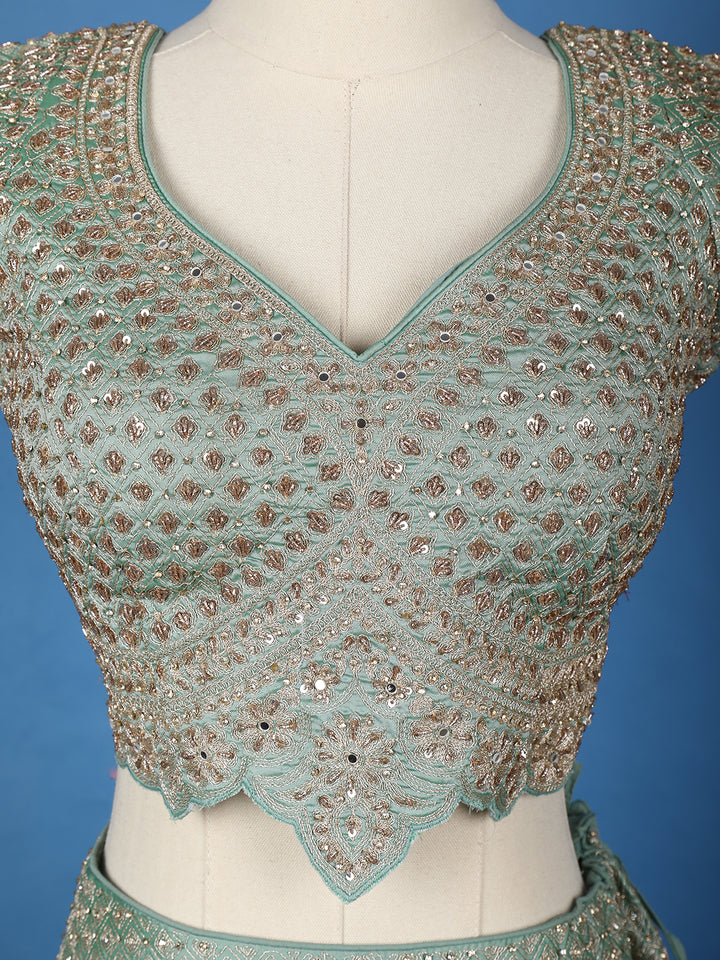 Light Green Floral Embroidered Silk Lehenga for Brides - Diadem