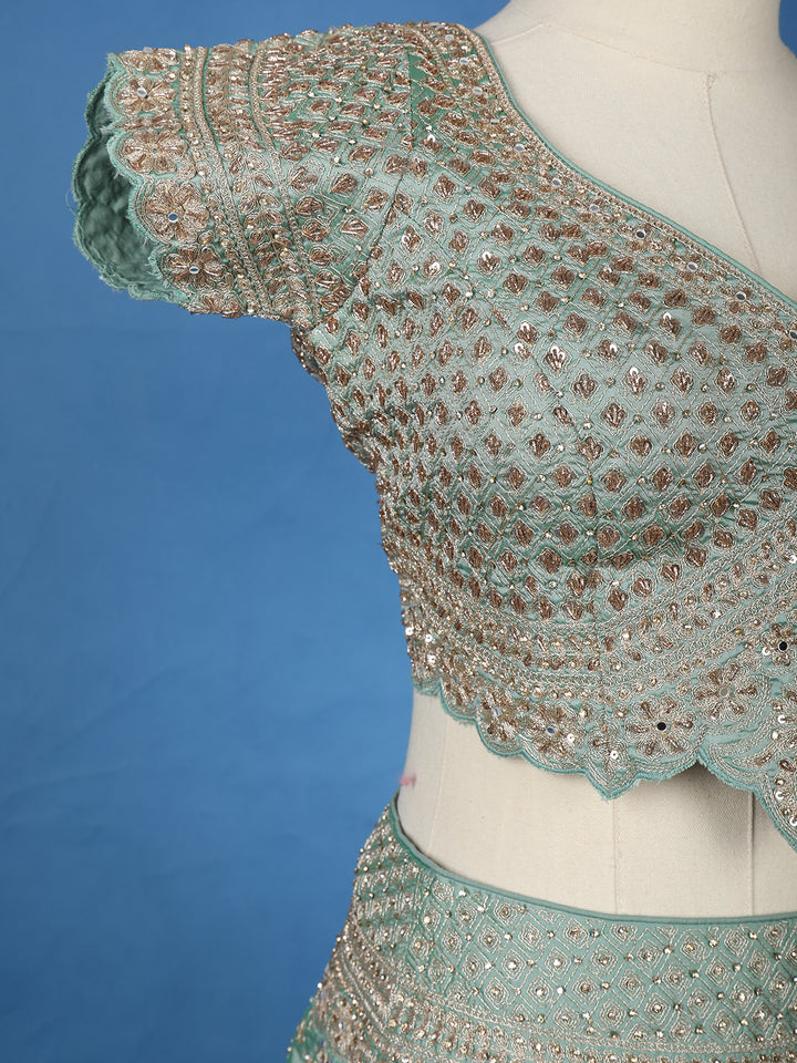 Light Green Floral Embroidered Silk Lehenga for Brides - Diadem
