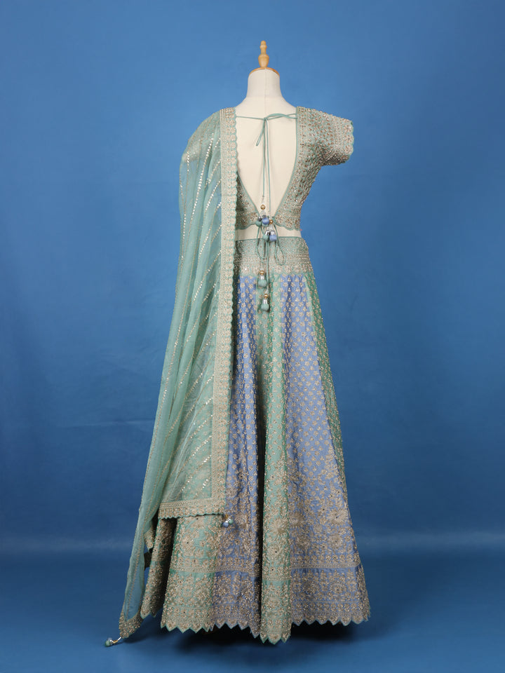 Light Green Floral Embroidered Silk Lehenga for Brides - Diadem