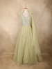 Light Green Floral Sequin Embroidered Net Gown with Ruffle Shoulder Design and Dupatta