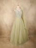 Light Green Floral Sequin Embroidered Net Gown with Ruffle Shoulder Design and Dupatta
