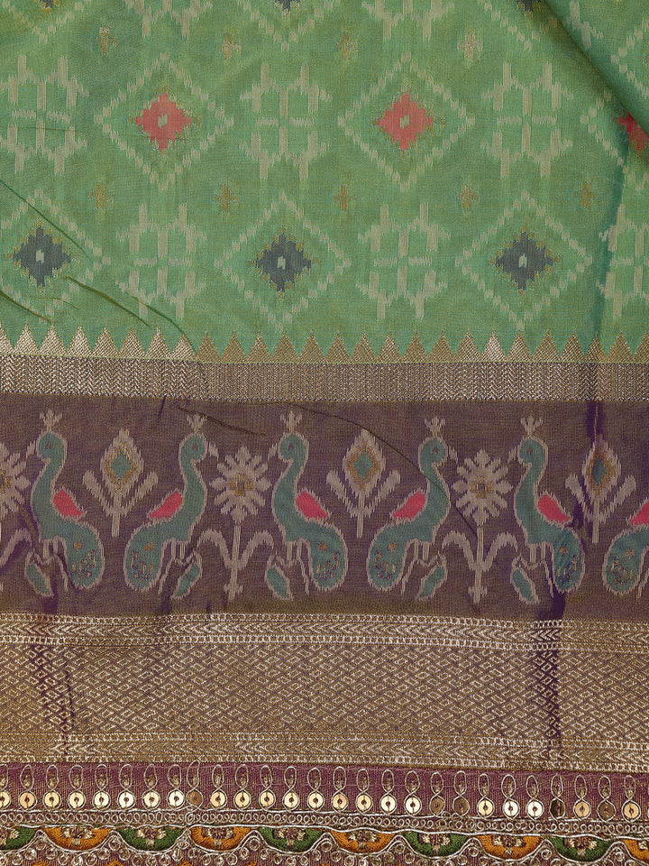 Light Green Geometric Diamond Designed Silk Saree - Diadem