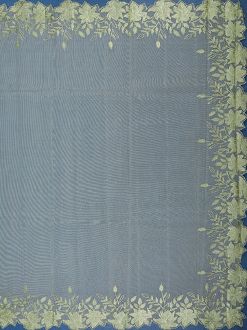 Light Green Solid Design Tissue Saree With Scalloped Floral Embroidered Border - Diadem