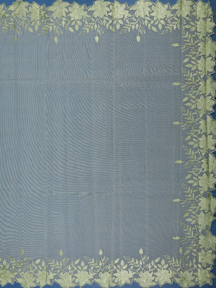 Light Green Solid Design Tissue Saree With Scalloped Floral Embroidered Border - Diadem