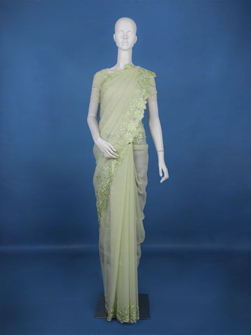 Light Green Solid Design Tissue Saree With Scalloped Floral Embroidered Border - Diadem