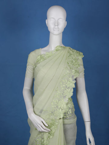 Light Green Solid Design Tissue Saree With Scalloped Floral Embroidered Border - Diadem