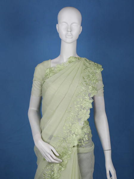 Light Green Solid Design Tissue Saree With Scalloped Floral Embroidered Border - Diadem