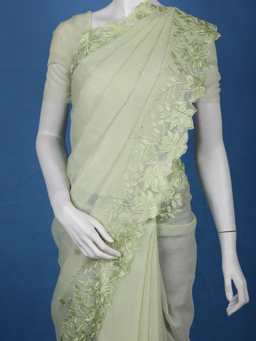 Light Green Solid Design Tissue Saree With Scalloped Floral Embroidered Border - Diadem