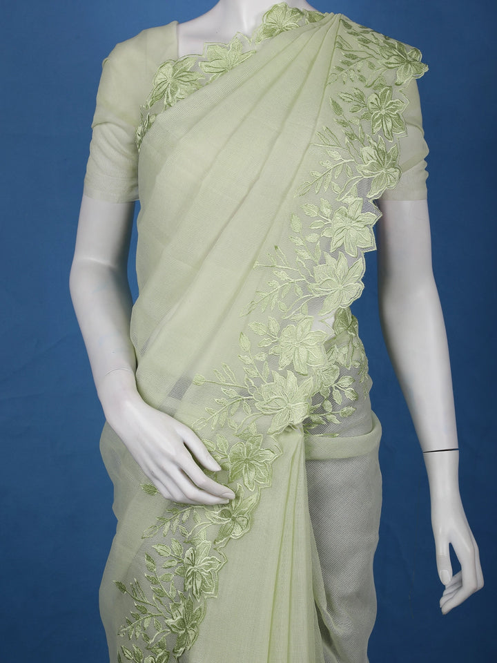 Light Green Solid Design Tissue Saree With Scalloped Floral Embroidered Border - Diadem