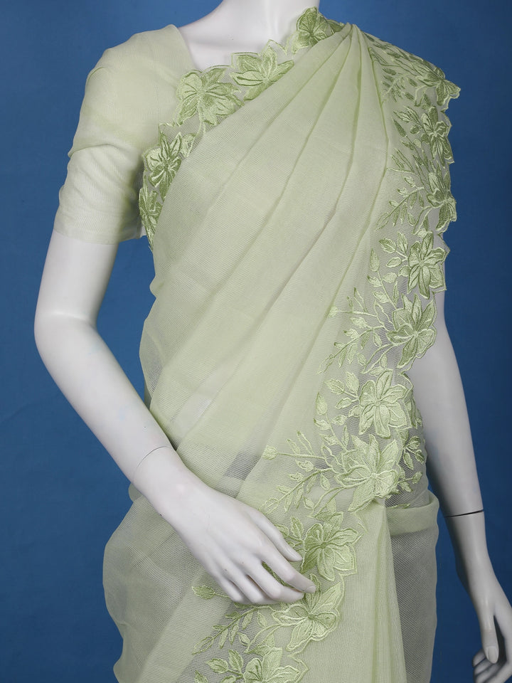 Light Green Solid Design Tissue Saree With Scalloped Floral Embroidered Border - Diadem