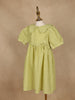 Light Green Textured Puff Sleeve Cotton Gown For Girls
