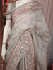 Light Grey Floral Thread Embroidered Design Pure Tussar Saree with Thread Work Border
