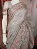 Light Grey Floral Thread Embroidered Design Pure Tussar Saree with Thread Work Border