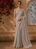 Light Grey Floral Thread Embroidered Design Pure Tussar Saree with Thread Work Border