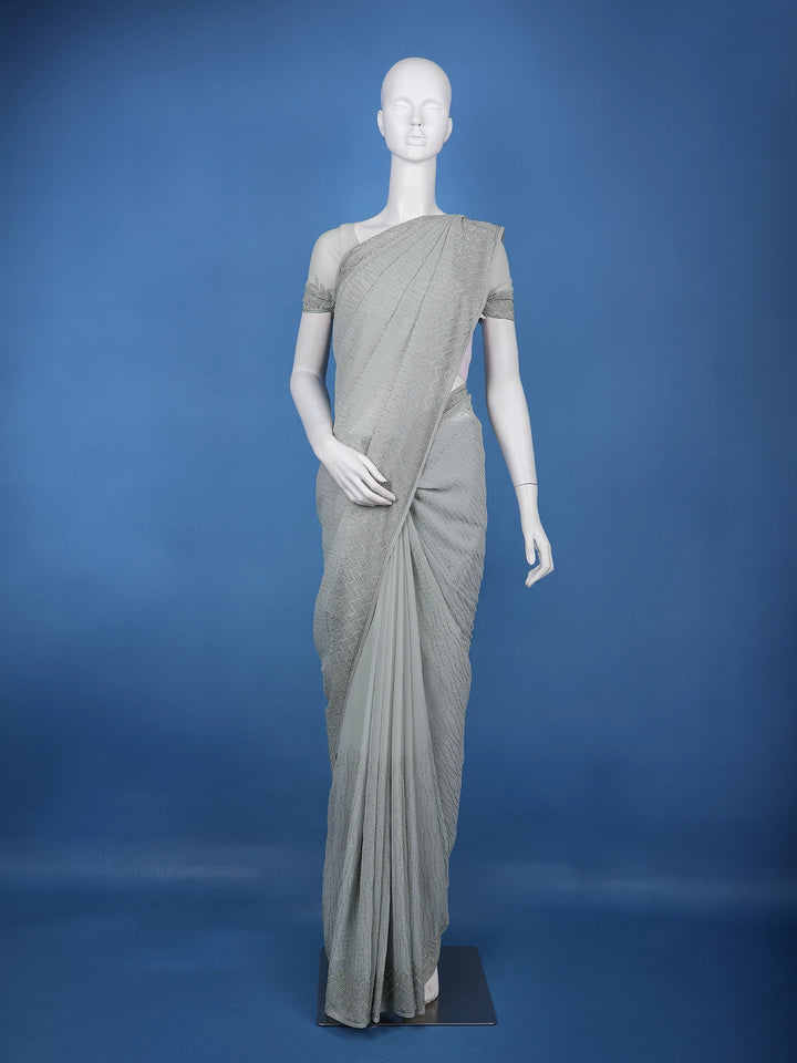 Light Grey Zigzag Sequin Embllishment Tussar Silk Saree - Diadem