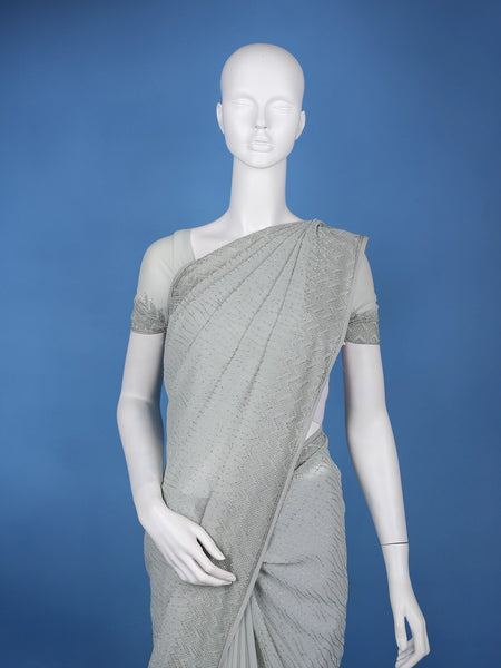Light Grey Zigzag Sequin Embllishment Tussar Silk Saree - Diadem