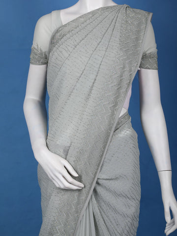 Light Grey Zigzag Sequin Embllishment Tussar Silk Saree - Diadem