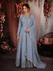 Light Ice Blue Mirror Embroidered Design Cotton Long Anarkali Gown with Matching Dupatta