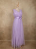 Light Lavender Pleated Design with Bow Embellishment Net Party Wear Gown
