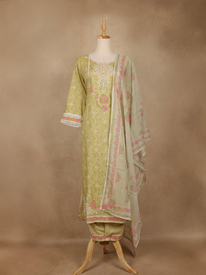 Light Olive Green Floral Printed Cotton Salwar Suit with Dupatta - Diadem