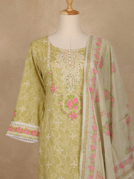 Light Olive Green Floral Printed Cotton Salwar Suit with Dupatta - Diadem