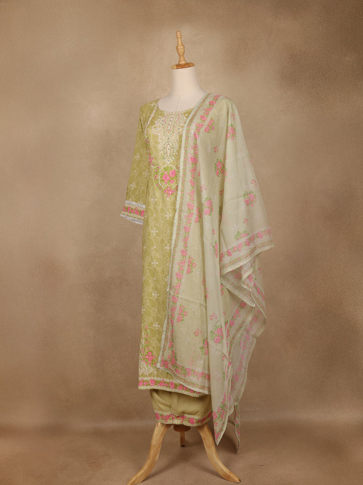 Light Olive Green Floral Printed Cotton Salwar Suit with Dupatta - Diadem