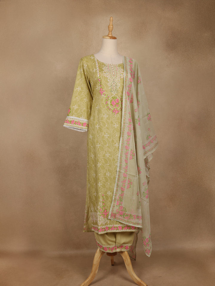 Light Olive Green Floral Printed Cotton Salwar Suit with Dupatta - Diadem