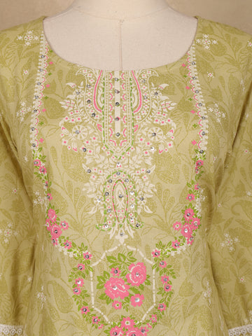 Light Olive Green Floral Printed Cotton Salwar Suit with Dupatta - Diadem