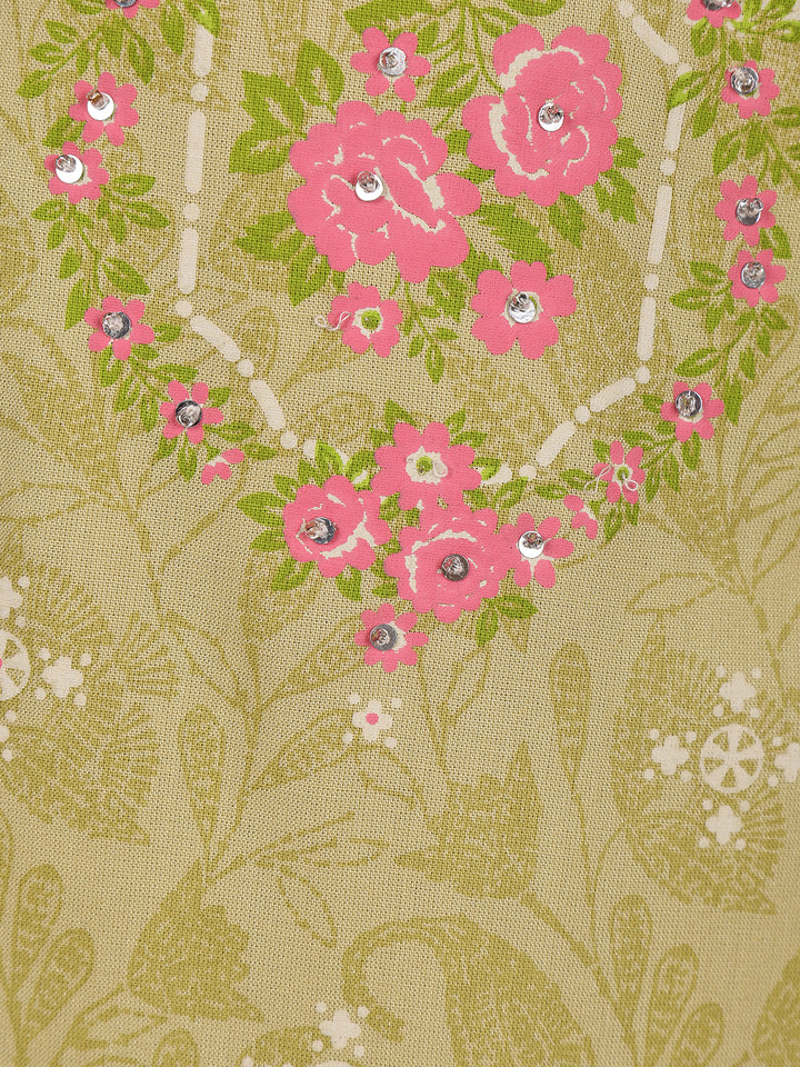 Light Olive Green Floral Printed Cotton Salwar Suit with Dupatta - Diadem
