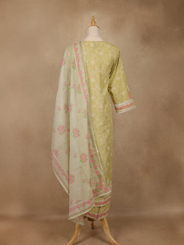 Light Olive Green Floral Printed Cotton Salwar Suit with Dupatta - Diadem