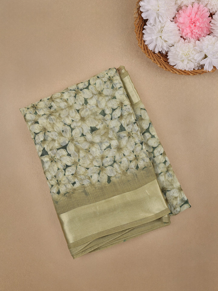 Light Olive Green Floral Printed Fancy Cotton Saree with Solid Zari Border - Diadem