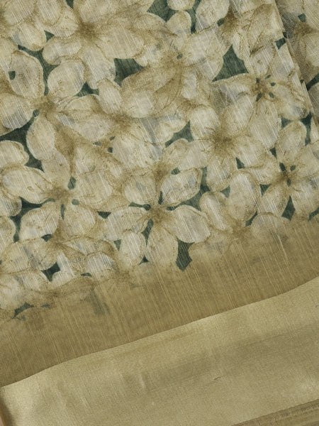 Light Olive Green Floral Printed Fancy Cotton Saree with Solid Zari Border - Diadem